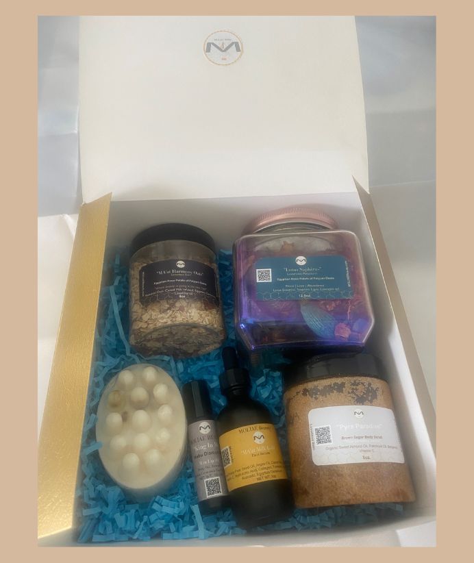 Gift Box Kit King In Me Collection | MA'at Milk Gold Kingship Paradise | Face Serum | Lip Oil | Thebes Soap | Lotus Saphire Para Scrub