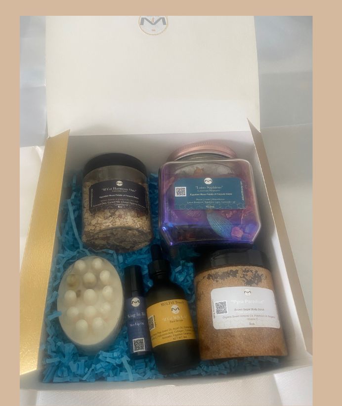 Gift Box Kit King In Me Collection | MA'at Milk Gold Kingship Paradise | Face Serum | Lip Oil | Thebes Soap | Lotus Saphire Para Scrub
