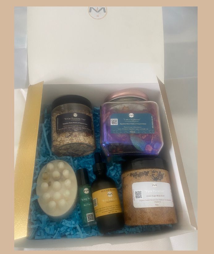 Gift Box Kit King In Me Collection | MA'at Milk Gold Kingship Paradise | Face Serum | Lip Oil | Thebes Soap | Lotus Saphire Para Scrub