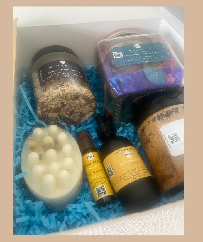 Gift Box Kit King In Me Collection | MA'at Milk Gold Kingship Paradise | Face Serum | Lip Oil | Thebes Soap | Lotus Saphire Para Scrub