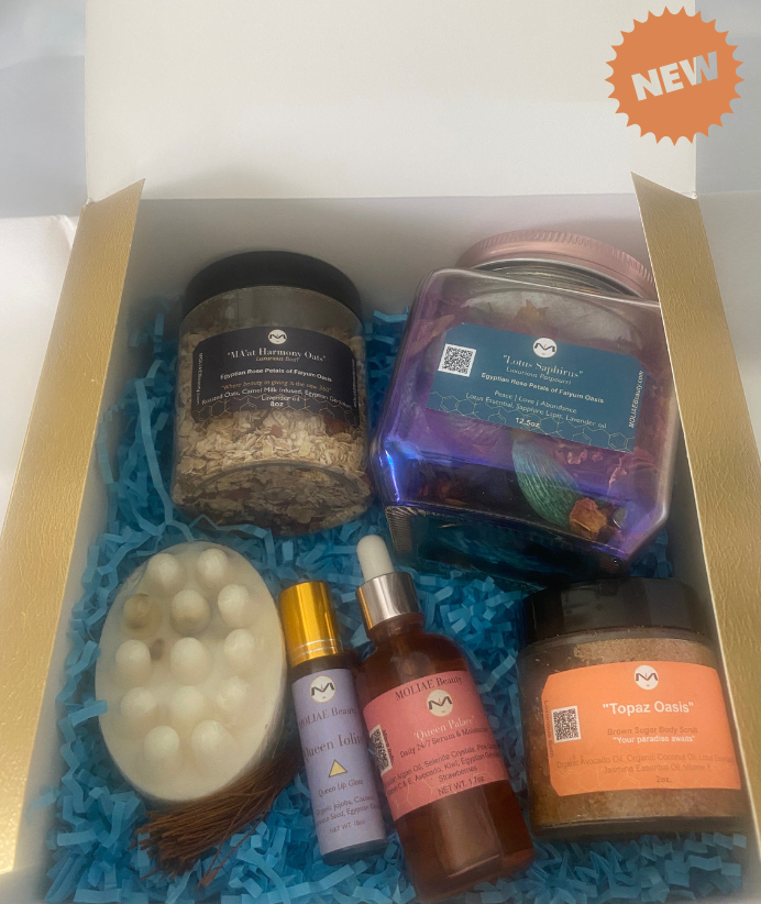 Gift Box Kit Queen Palace | Spa Paradise Oasis | Lip Oil | MA'at Harmony | Lotus Saphirus | Thebes Soap | Body Scrub