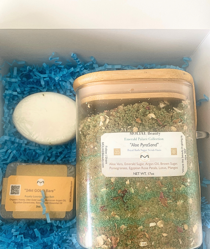 Gift Box Kit Aloe PyraSand Rejuvenate | Gold Bars Soap | Thebes Camel Milk Soap