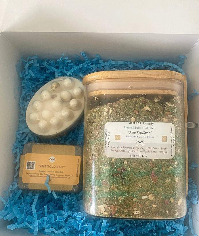 Gift Box Kit Aloe PyraSand Rejuvenate | Gold Bars Soap | Thebes Camel Milk Soap