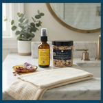 Gift Box Kit Khenmu MA'at Harmony  | Sage Oil Spray Sovereignty Prime | Roasted Oats Body Soak Scrub | Egyptian Roses