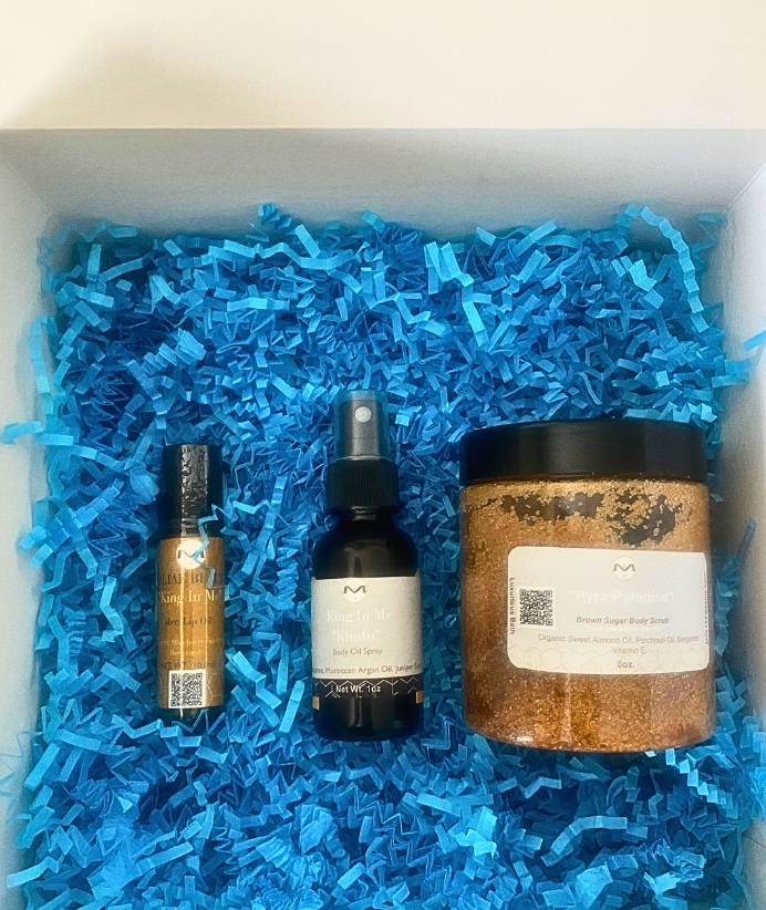 Gift Box Kit King In Me Collection | Khufu Self-Care | Khufu Oil Spray | Lip Oil | Para Paradise Brown Sugar Patchouli Body Scrub
