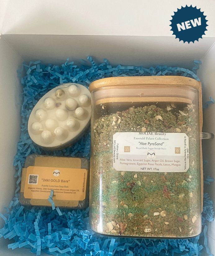 Gift Box Kit Aloe PyraSand Rejuvenate | Gold Bars Soap | Thebes Camel Milk Soap