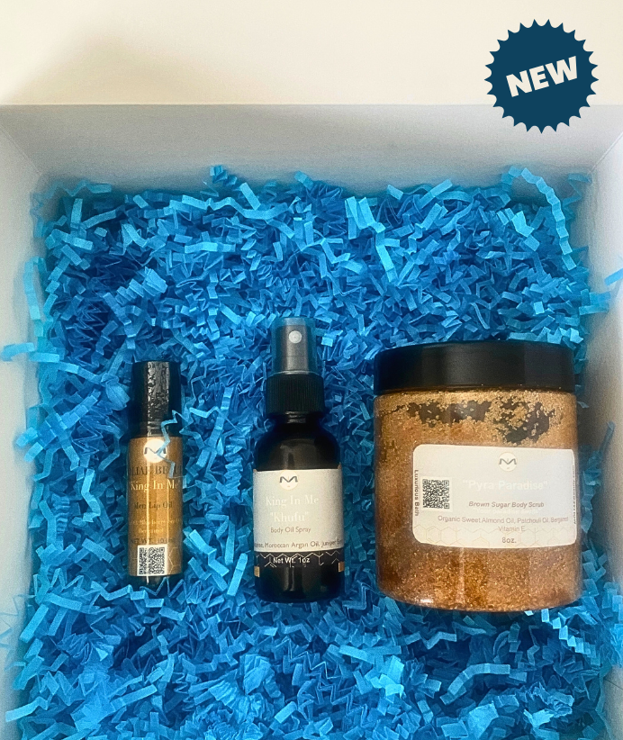 Gift Box Kit King In Me Collection | Khufu Self-Care | Khufu Oil Spray | Lip Oil | Para Paradise Brown Sugar Patchouli Body Scrub